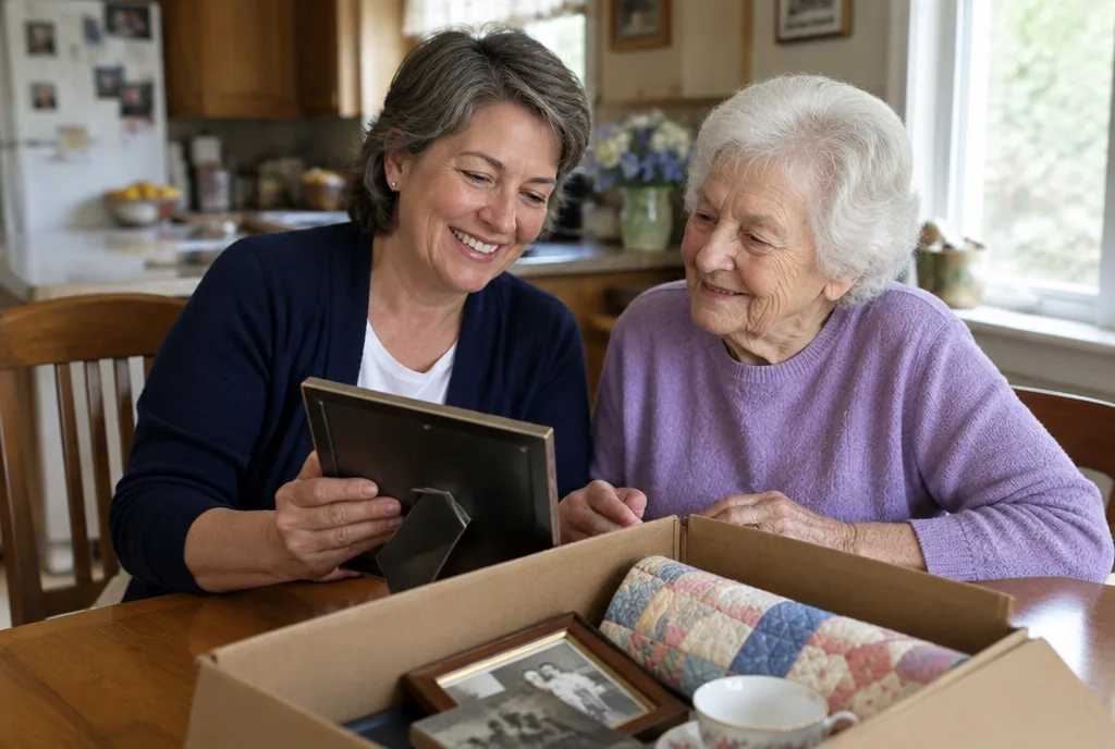 Karen and a client sorting a box of keepsakes together at a kitchen table